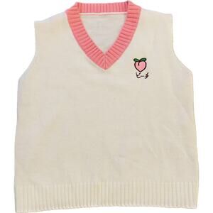 Vintage Womens Sweater Vest Medium Pink White Knit Peach V Neck Kawaii Japan
